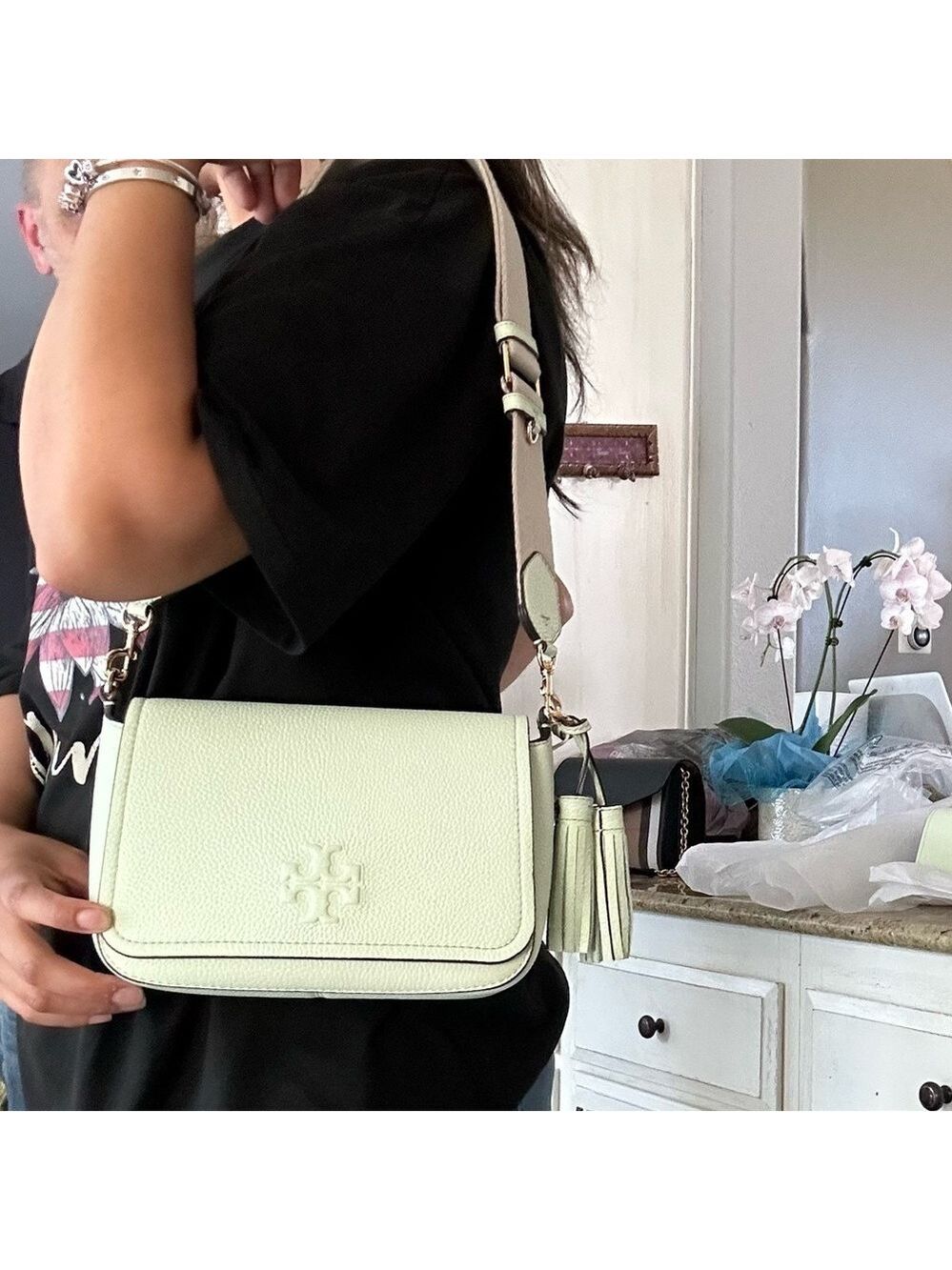 New Tory Burch Thea web flap green mist double straps - Picture 8 of 10